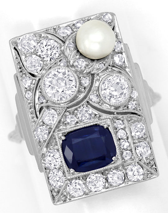 Foto 2 - Art Deco Ring 1,51ct Diamanten Saphir Perle Platin-Gold, S4700