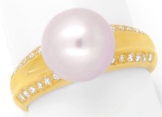 Foto 2 - Gelbgoldring mit 9 mm großer Perle und 24 Diamanten 14K, S4735